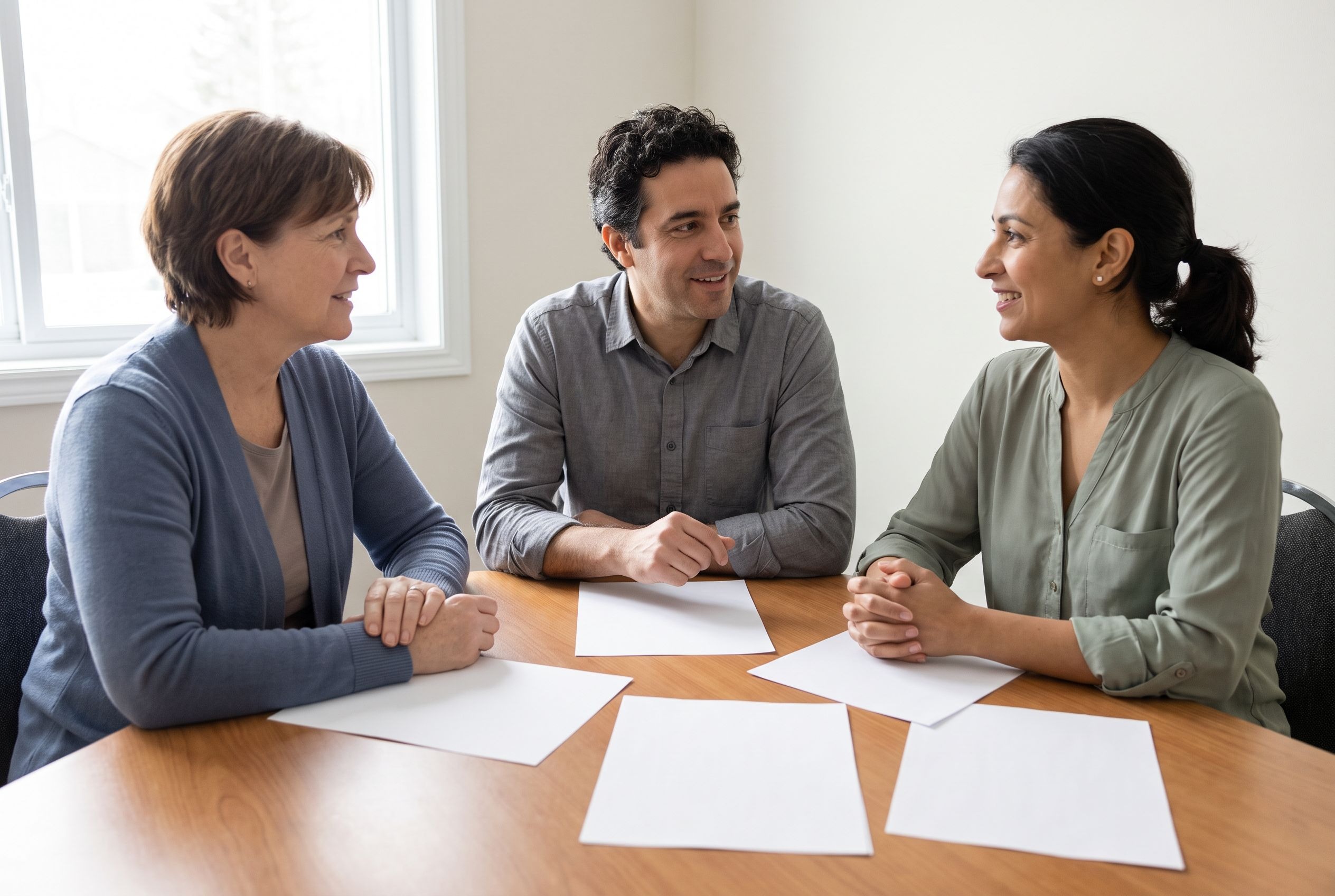 Nora on the left, Mark in the centre and Leila on the right discuss a visitor guide around a workplace table. Exactly three adults are visible.