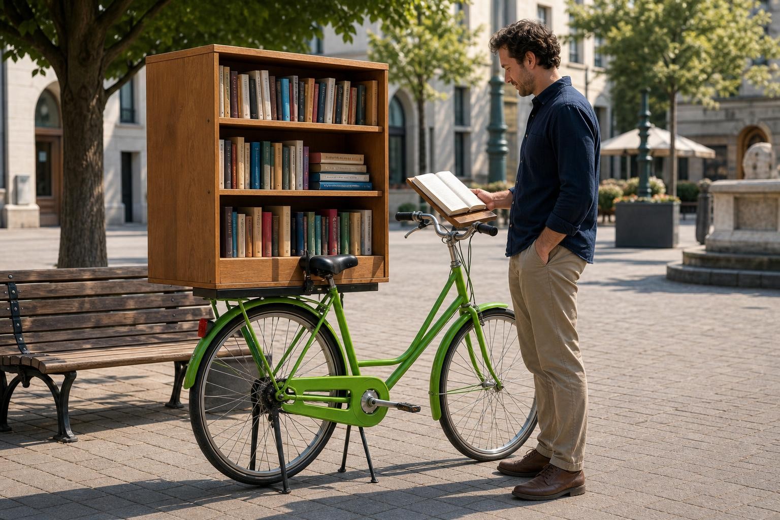 An outdoor book stand made from a bicycle. The bicycle frame is bright green. A wooden shelf above the rear wheel holds books, a small open book rests above the handlebars, and a person stands beside the bicycle. It is parked next to a bench in a public square.