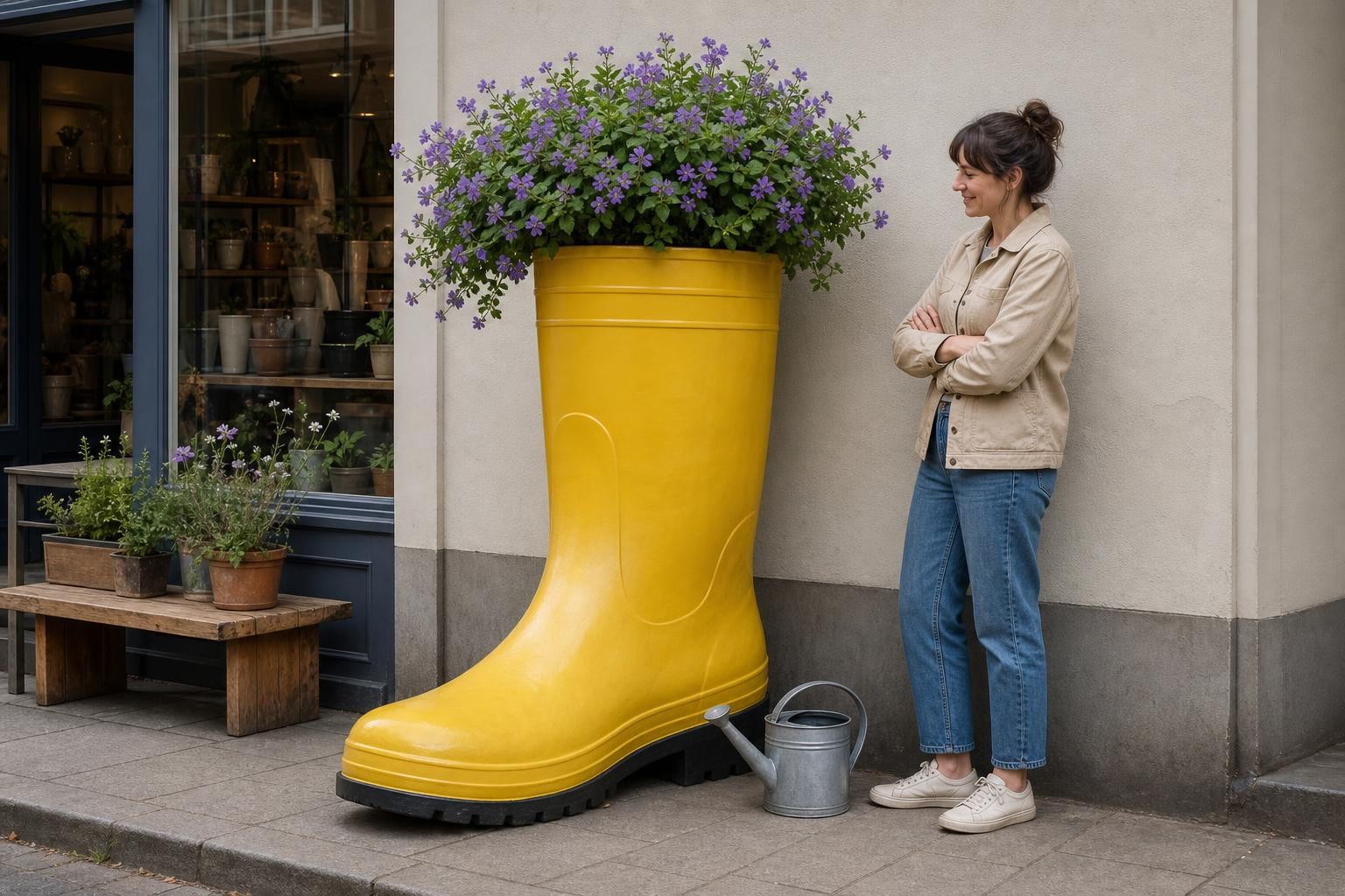 A giant yellow rain boot used as a planter outside a shop. Green plants and purple flowers grow from its opening, which rises above the waist of the woman nearby. A normal-sized watering can stands beside the boot.