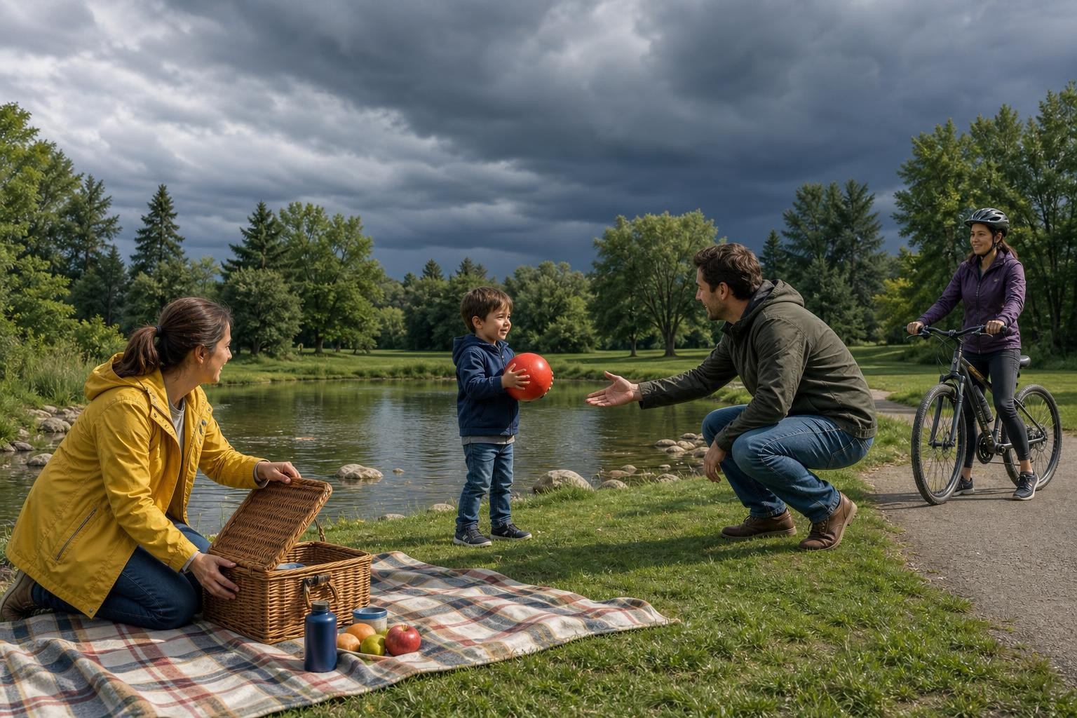 A park beside a pond. A picnic blanket and open basket are in the foreground, with a person resting a hand on the basket lid. A child holds a red ball on the grass as an adult reaches towards them. A stopped cyclist is beside the path. Dark clouds appear over the trees.