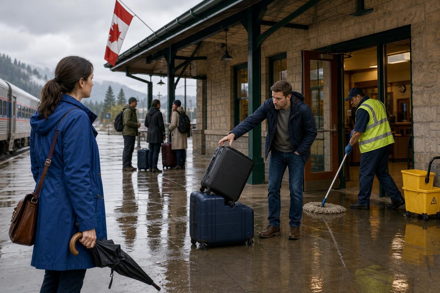 A rainy station entrance. A woman in a blue coat holds a folded umbrella in the foreground. A man reaches towards the upper of two stacked suitcases, which is leaning. A worker in a yellow vest cleans the wet entrance. Travellers stand under the canopy in the background.
