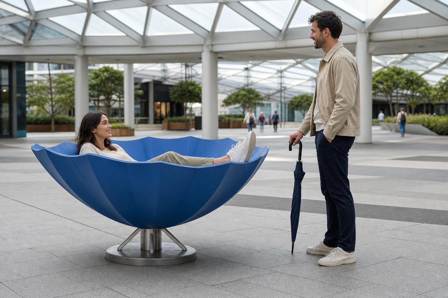 A blue seat shaped like an upside-down open umbrella in a covered plaza. Its curved bowl is raised on a short metal stand. A person is sitting inside it with their feet resting on the edge. A second person stands beside the seat holding an ordinary closed umbrella.