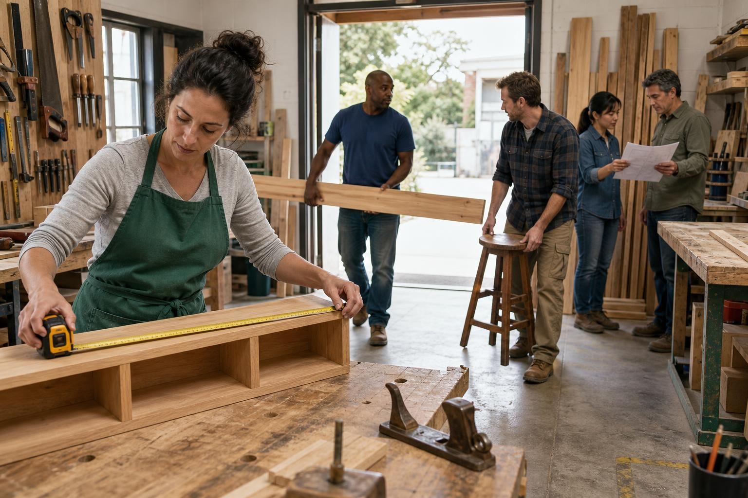 A bright community workshop. A woman in a green apron measures a wooden shelf at the front table. A man carries a long plank through the doorway. Another adult moves a stool out of his path. At the back, two people examine a drawing beside stacked boards.