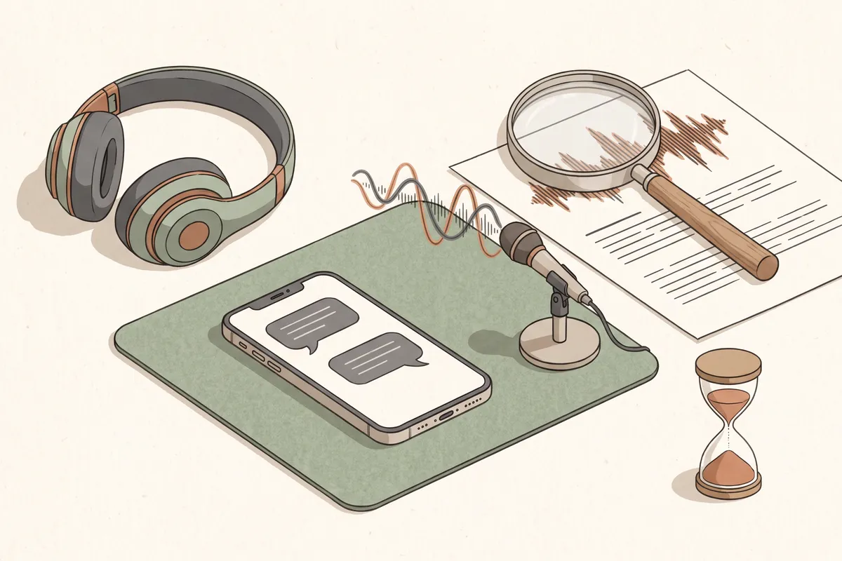 A smartphone showing a simple chat on a study desk, beside a microphone, headphones, a sand timer and a magnifying glass over a sound wave on a printed transcript.