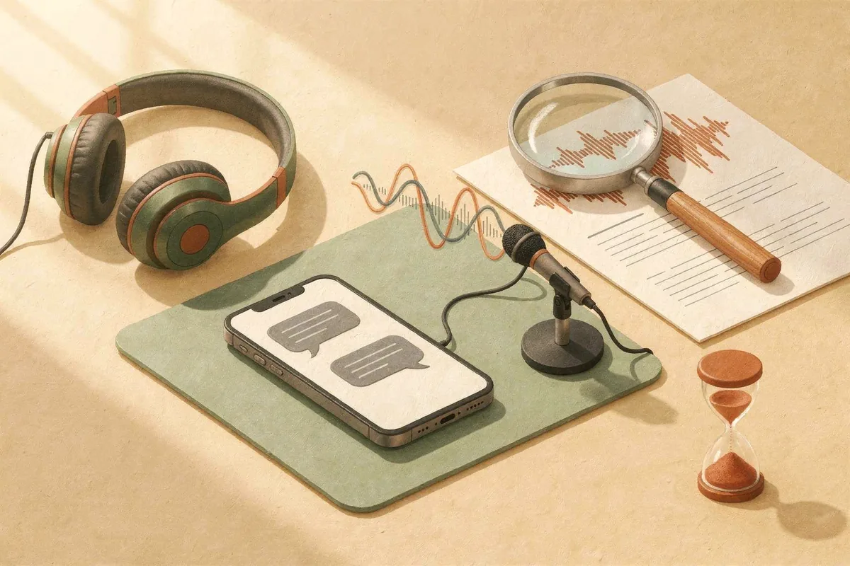 A smartphone showing a simple chat on a study desk, beside a microphone, headphones, a sand timer and a magnifying glass over a sound wave on a printed transcript.