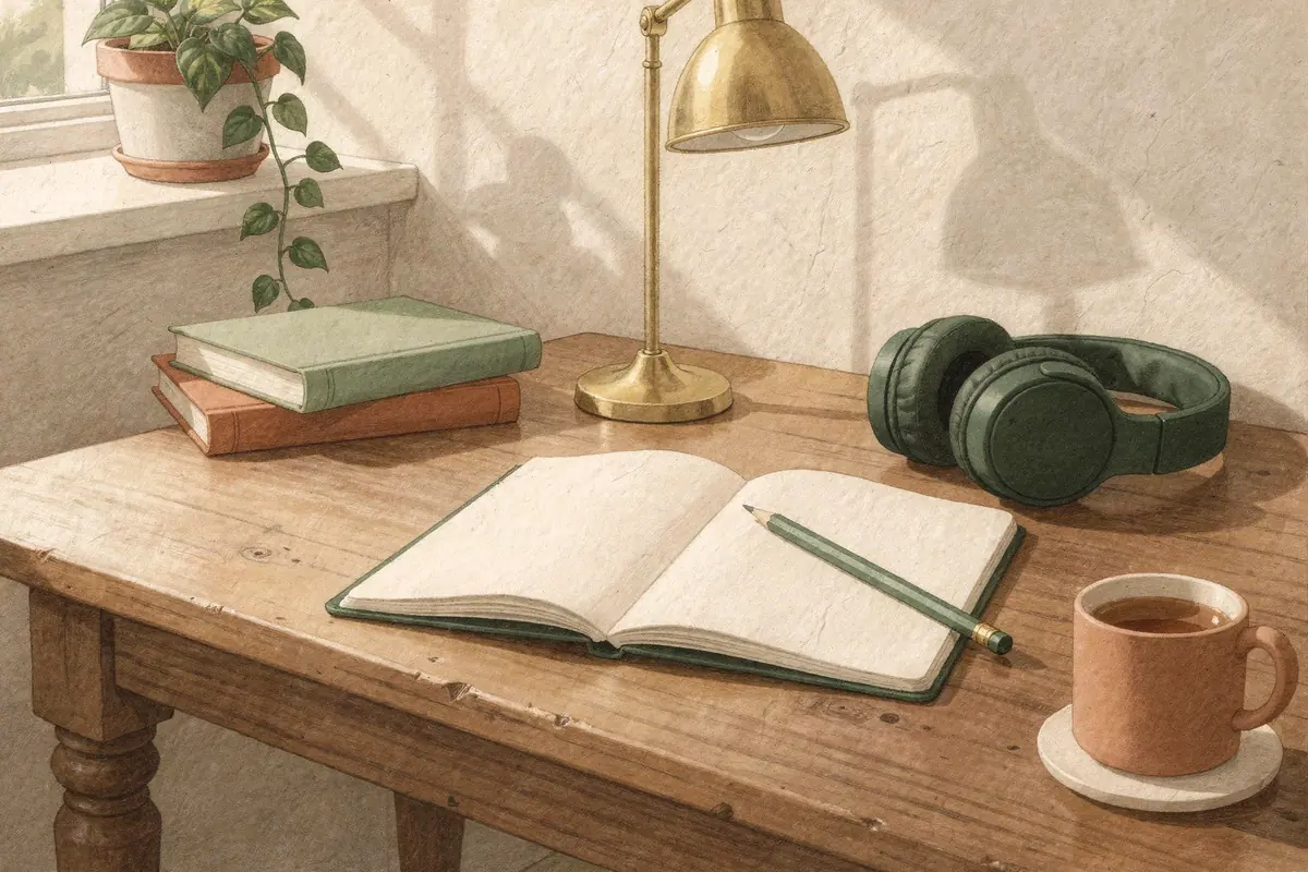 A home study desk by a window with an open blank notebook and pencil, green headphones, two cloth-bound books, a brass desk lamp and a cup of tea in warm daylight.