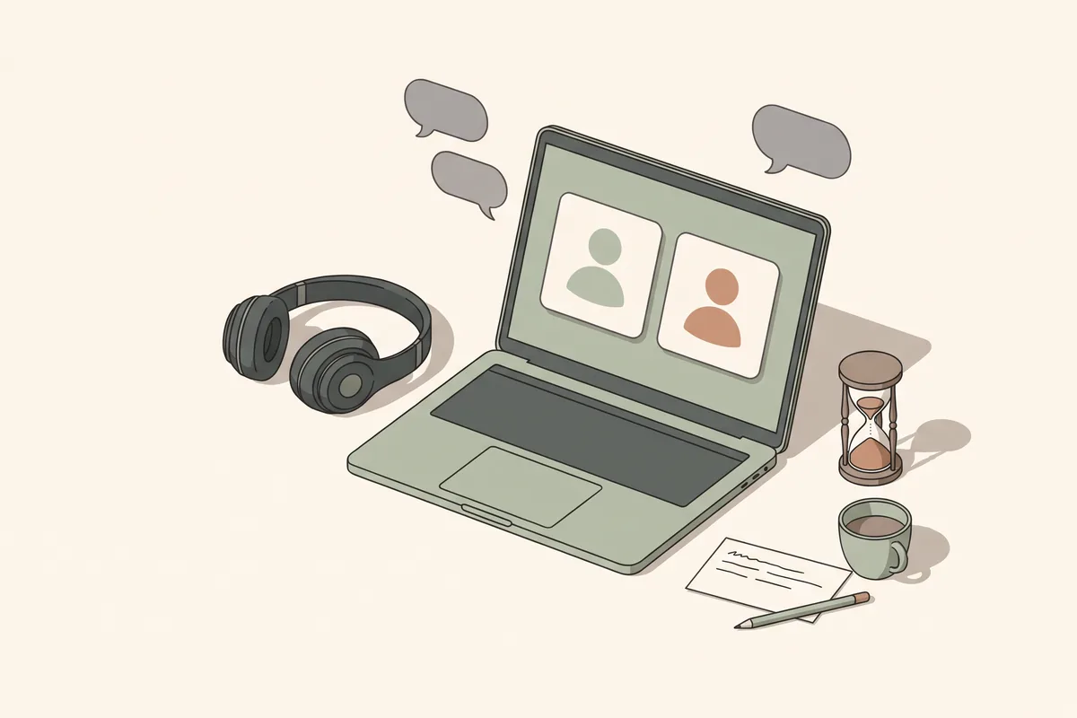 A laptop showing a two-person video call on a study desk, with headphones, a sand timer and a blank cue card.