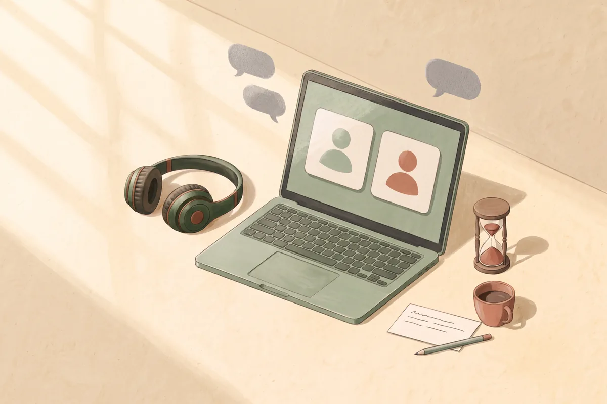 A laptop showing a two-person video call on a study desk, with headphones, a sand timer and a blank cue card.