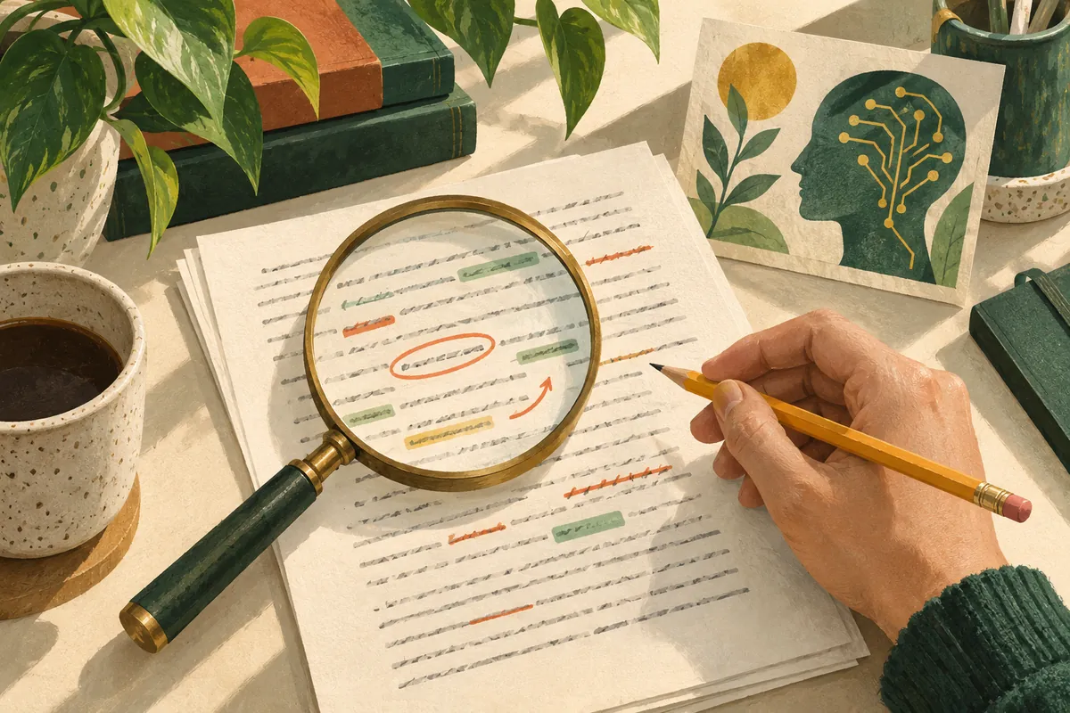 A hand and magnifying glass review suggested revisions on an essay page.
