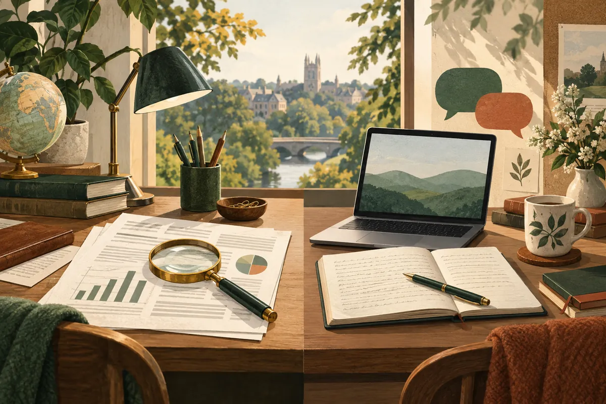 Two study setups compare a paper analysis sheet with a laptop and essay notebook.