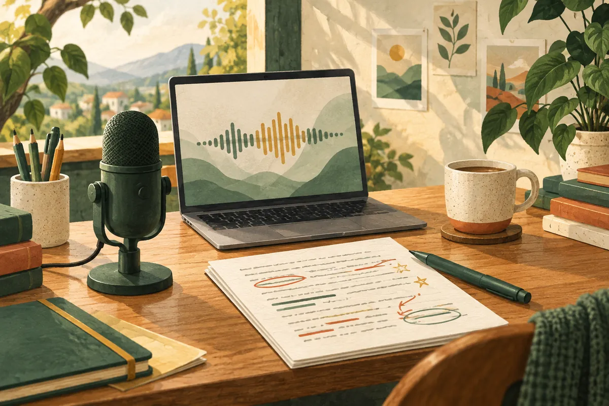 A microphone and laptop sit beside a practice sheet with revision marks.