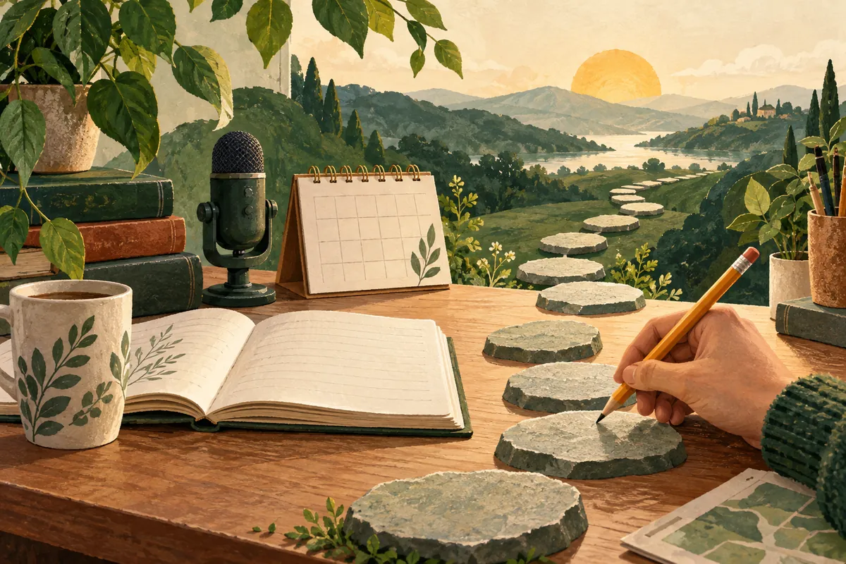 Stepping stones pass a practice notebook, microphone and study calendar.