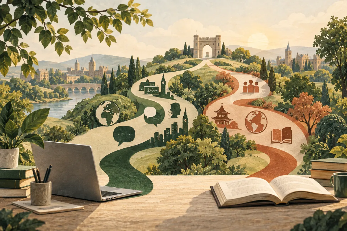 Two paper paths from a laptop and an open book lead toward a university.