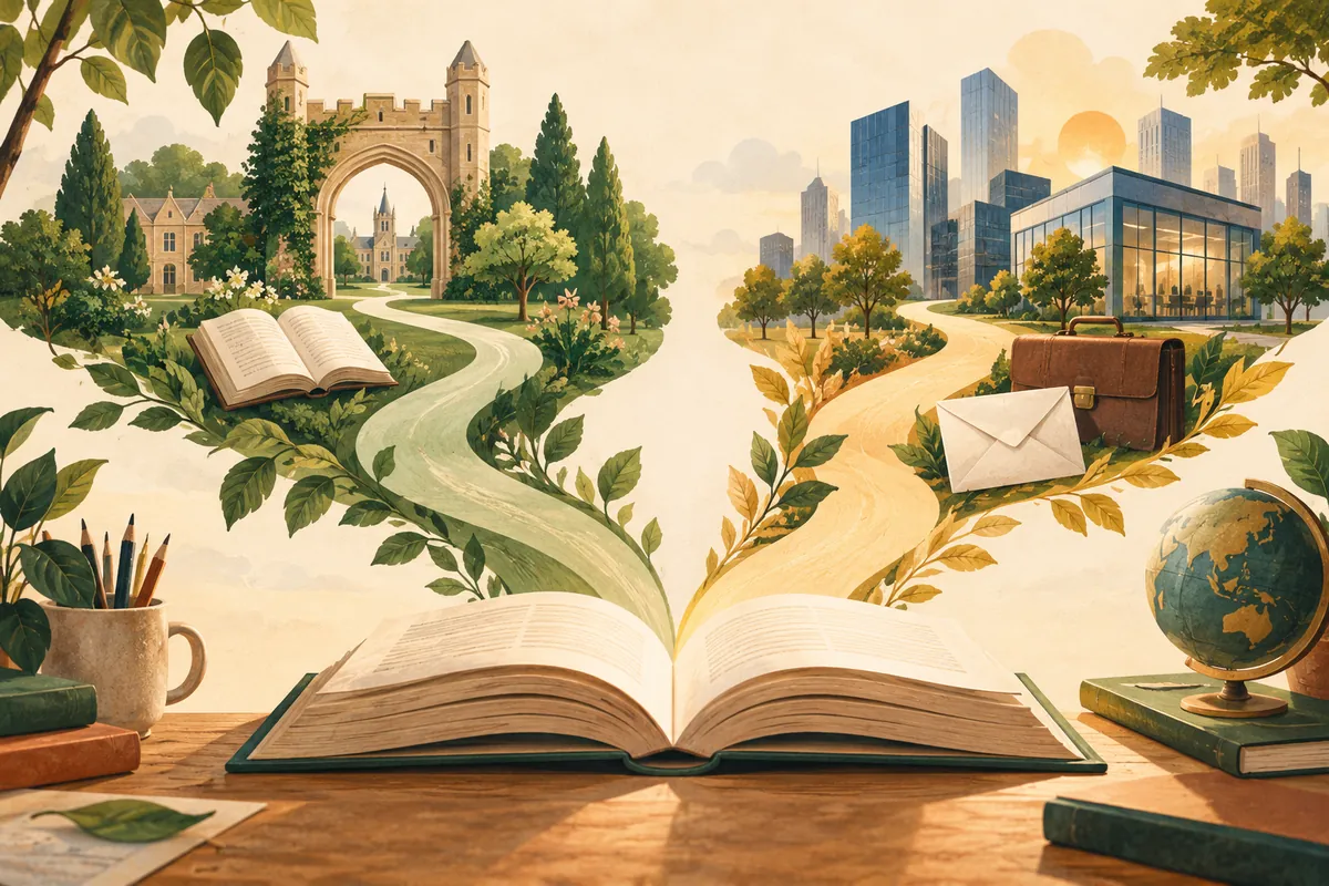 Two paths from a study book lead toward a university and a workplace.