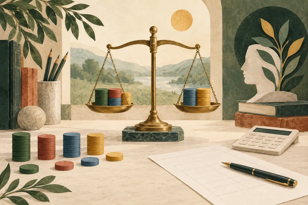 Four stacks of counters, a balance scale and a calculator illustrate combining skill scores.