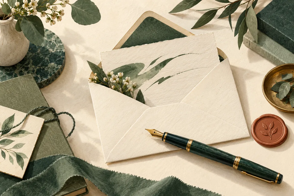 An open envelope, writing paper and a fountain pen on a warm ivory desk.