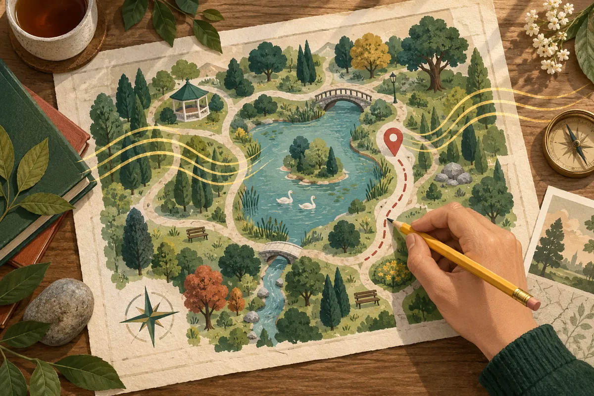 Illustrated park map with winding paths, a location pin and a pencil tracing directions.