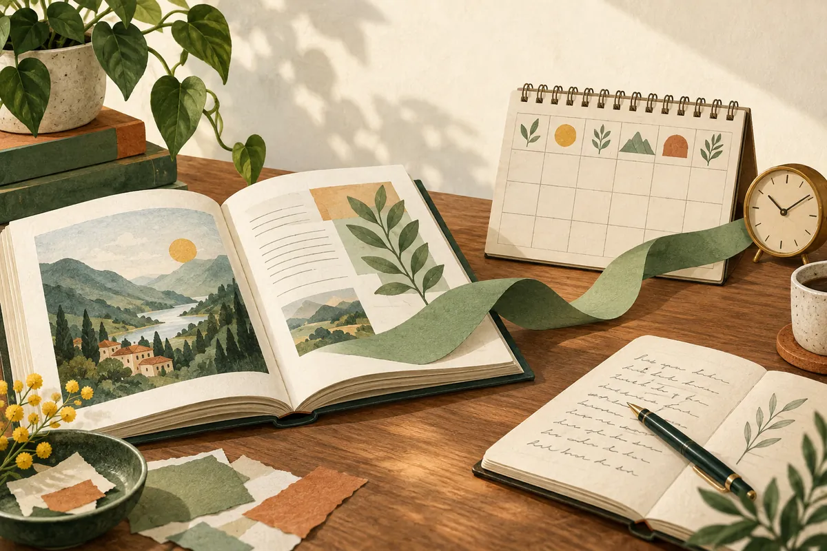 An open lesson book, weekly planner, writing notes and a small clock.
