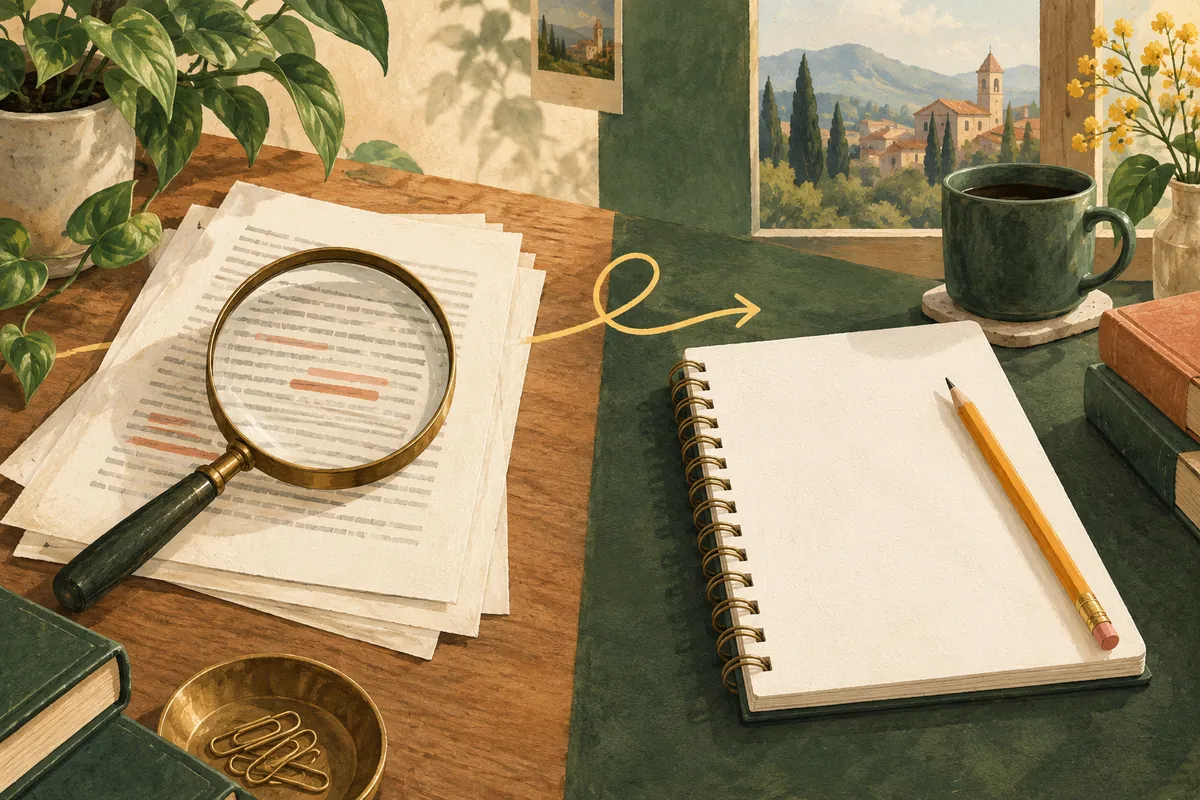 A magnifying glass reviewing a paper beside a fresh practice notebook.