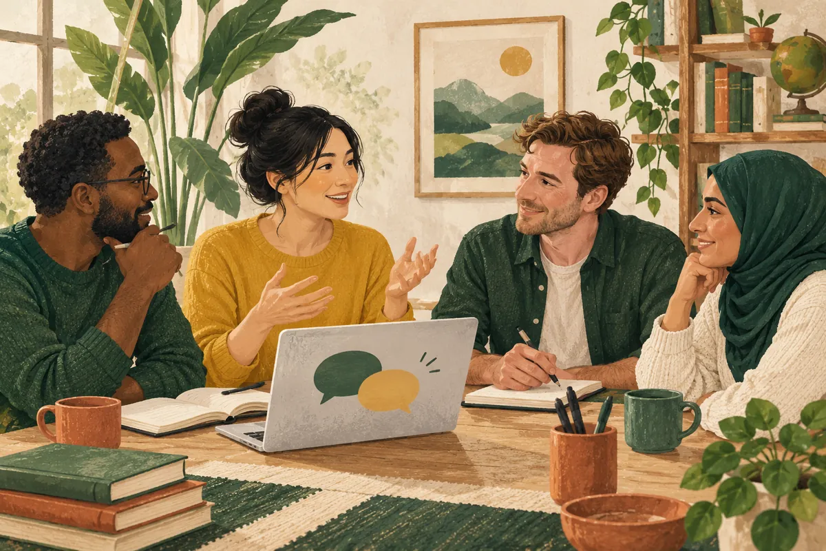 Four learners share notebooks around a table with a laptop.