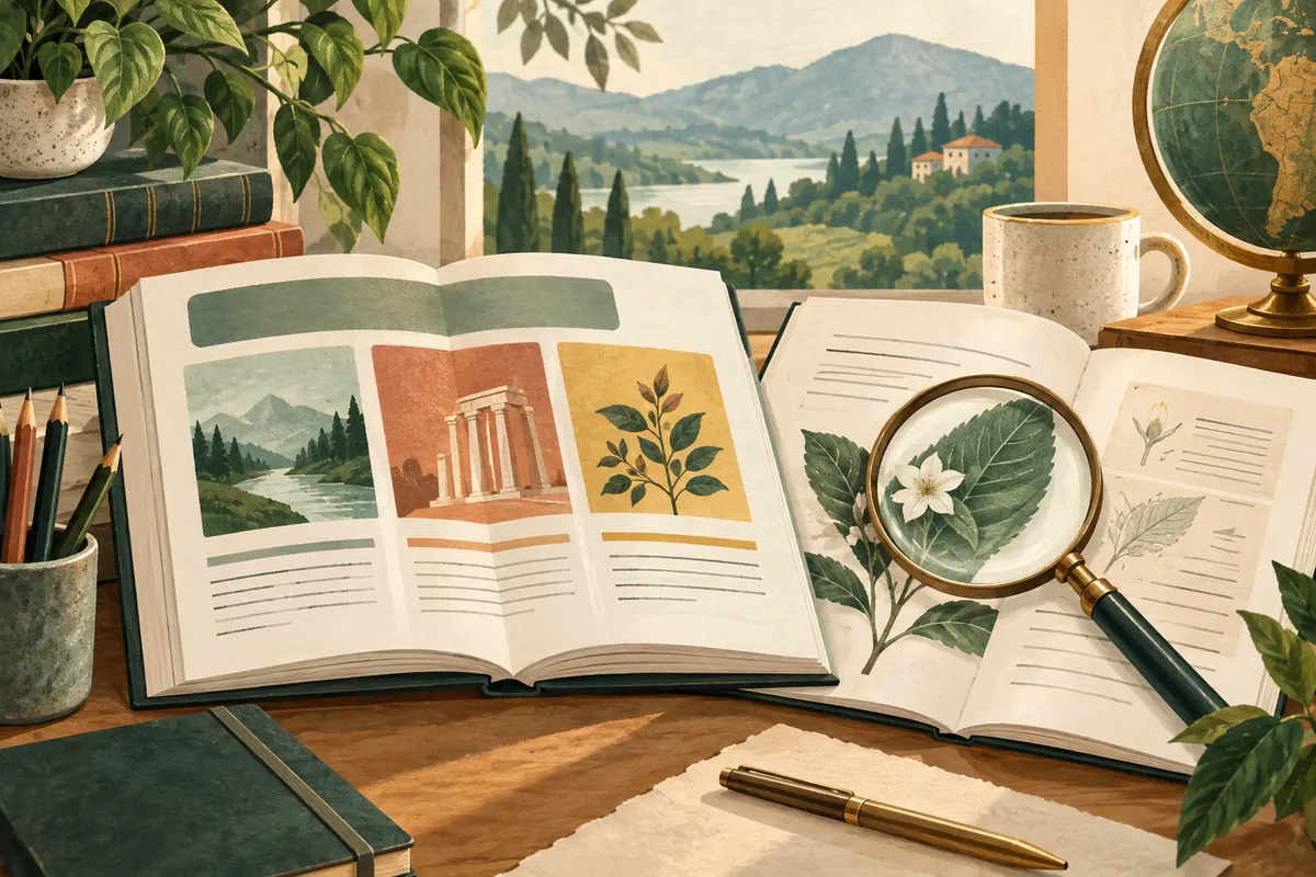 Reading pages with section tabs and a magnifying glass highlighting a passage detail.