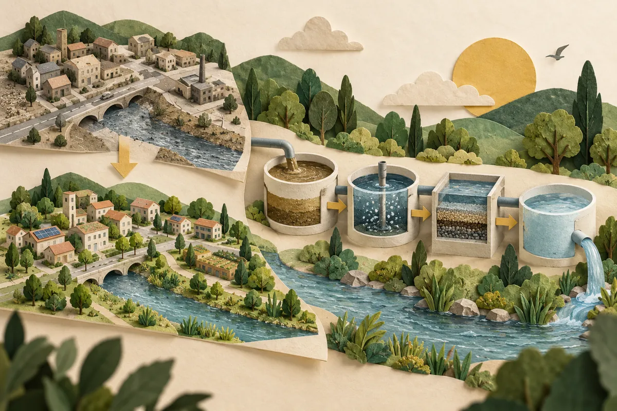 A town map and a sequence of connected process stages on an illustrated planning sheet.