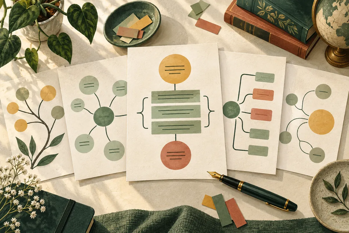 Essay planning sheets with branching ideas, colored tabs and a fountain pen.