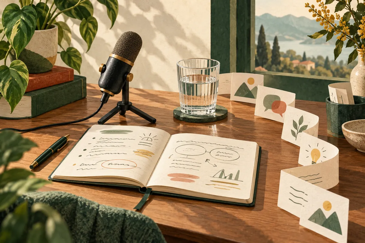 A microphone, rehearsal notebook and practice cards arranged for speaking study.