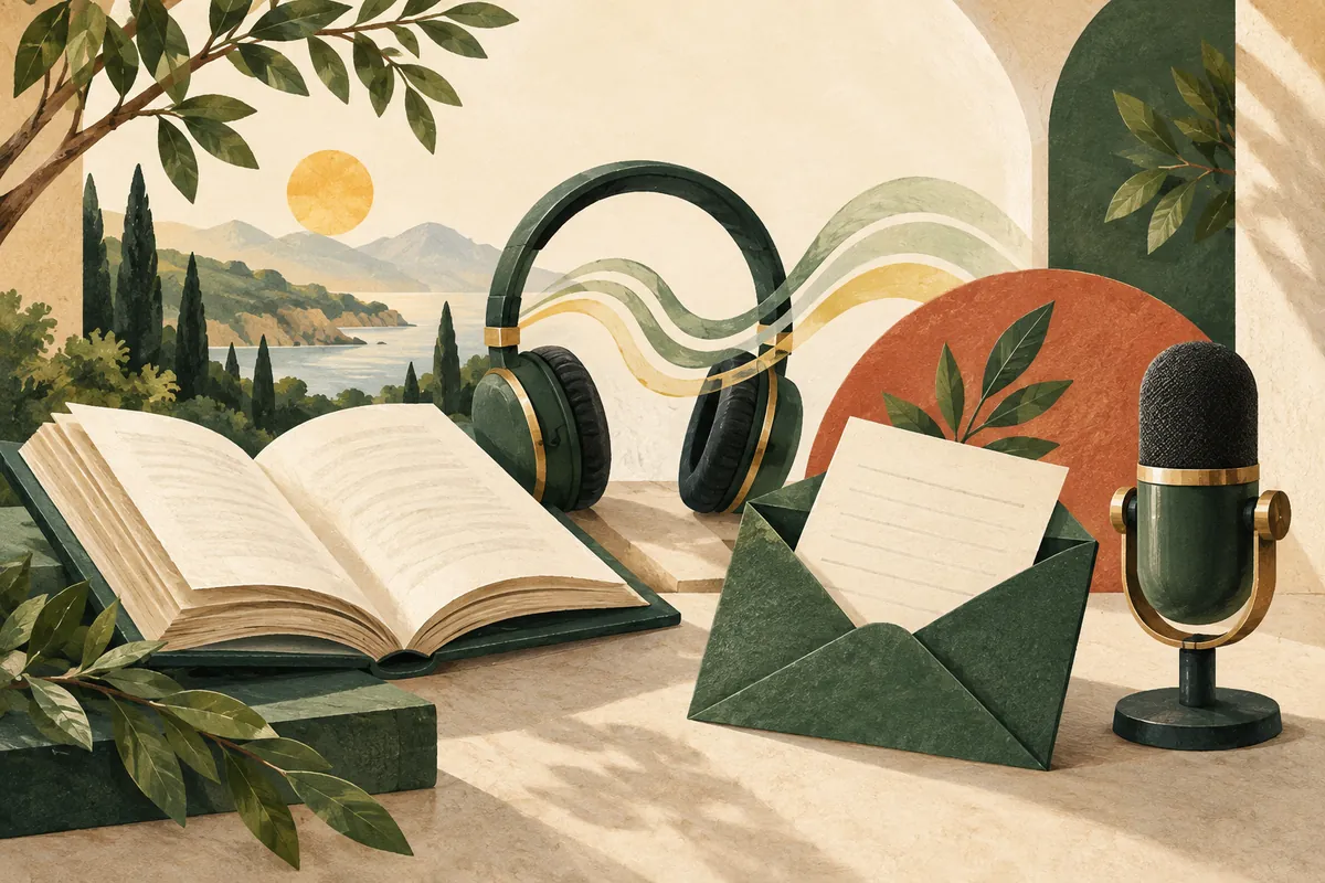 A reading book, sound waves, writing paper and microphone represent four language skills.