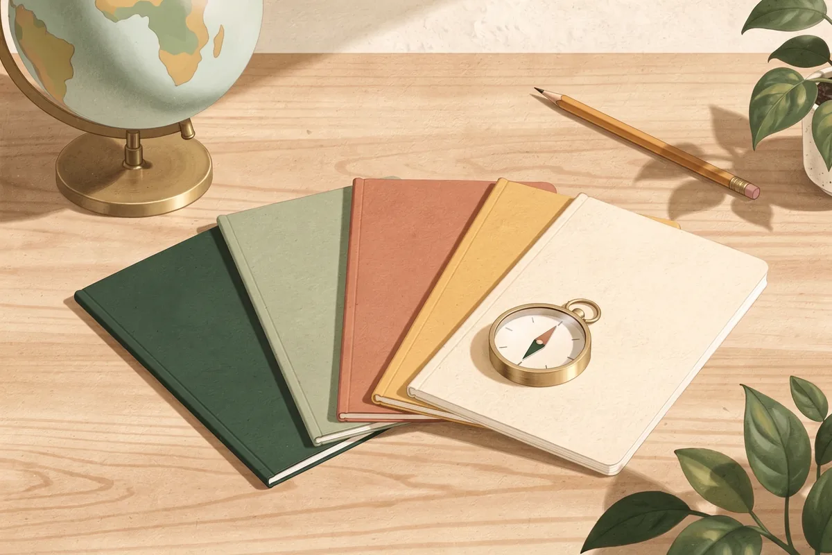 Five closed exam booklets in forest green, sage, terracotta, ochre and cream fanned out on a wooden desk, with a brass compass resting on the cream one, a desk globe, a pencil and green leaves in warm light.