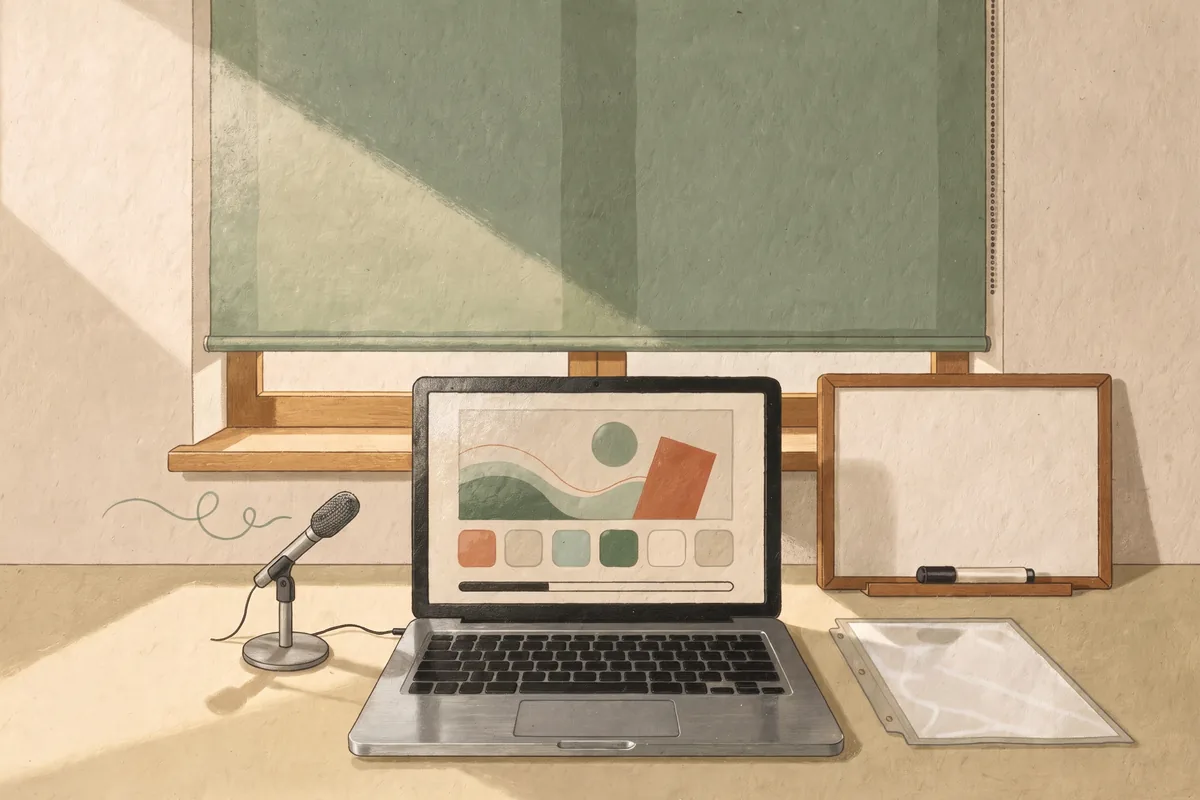An exam-ready home desk in warm light: a laptop showing blank answer tiles, a small whiteboard with a marker, a clear sheet protector and a desk microphone, in front of a window with the blind down.