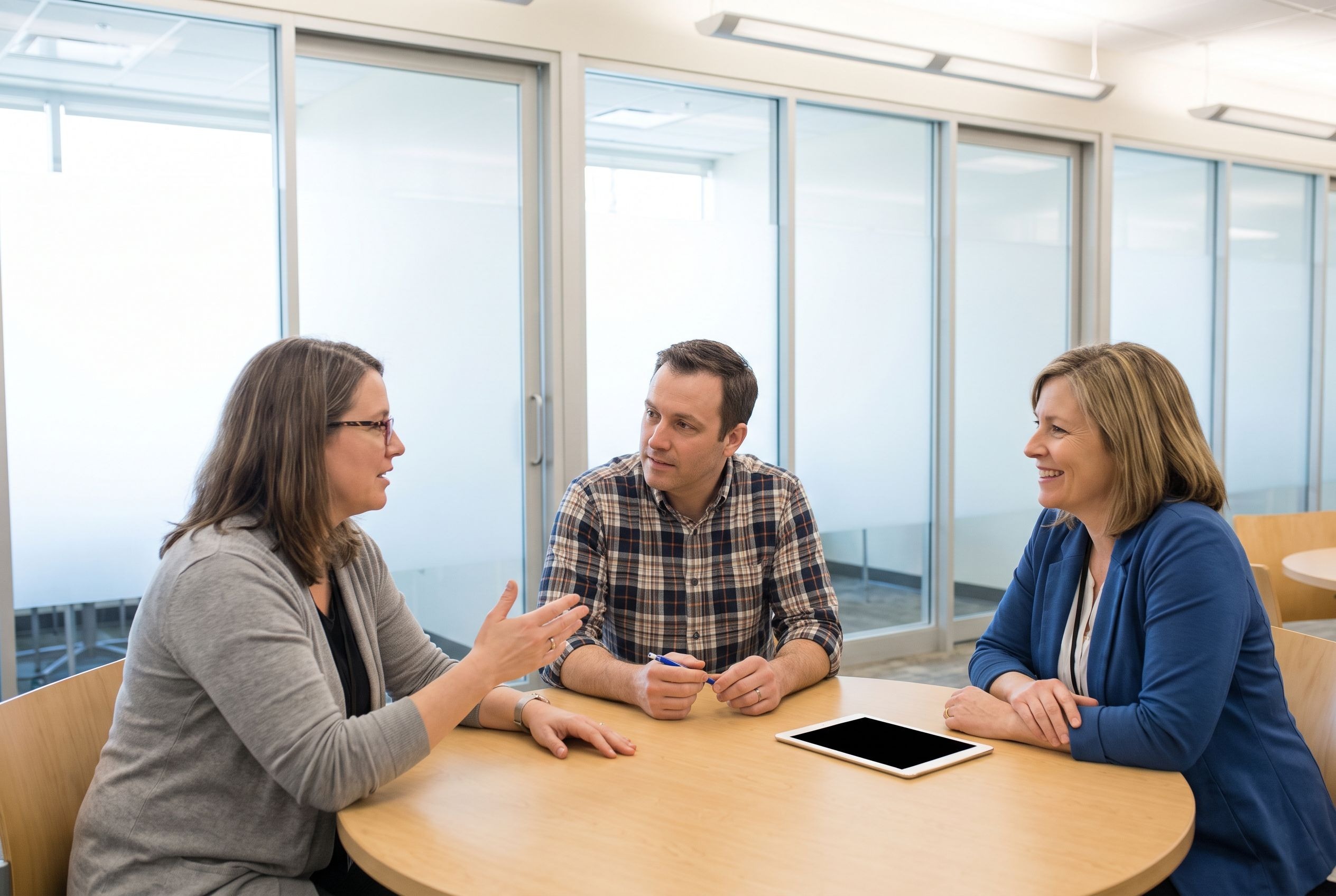 Maya, Colin, and Zoe discuss study-room booking rules at a public-library table beside glass study rooms and a blank check-in tablet.