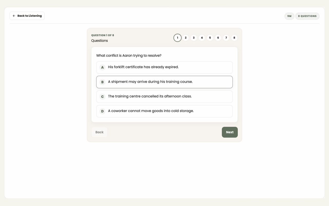 CELPIP Listening numbered question interface in the PrepEx Practice Hub