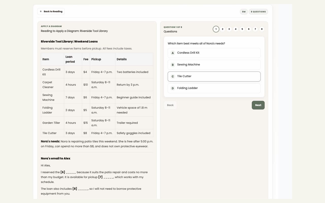 CELPIP Reading diagram and multiple-choice question interface in the PrepEx Practice Hub