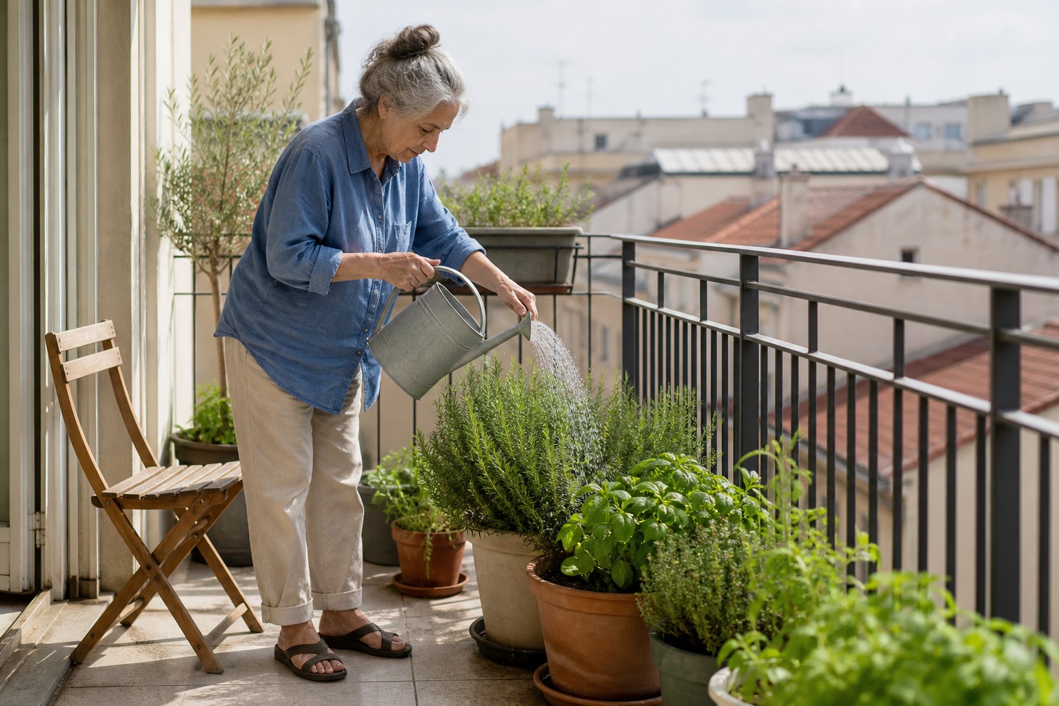 A person in a blue shirt waters potted plants on a balcony. A folding wooden chair stands on the left, and rooftops are visible beyond the railing.
