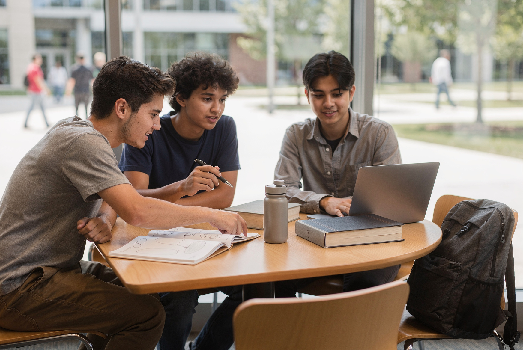 Three students study together at a table with a laptop, books, and an open notebook.