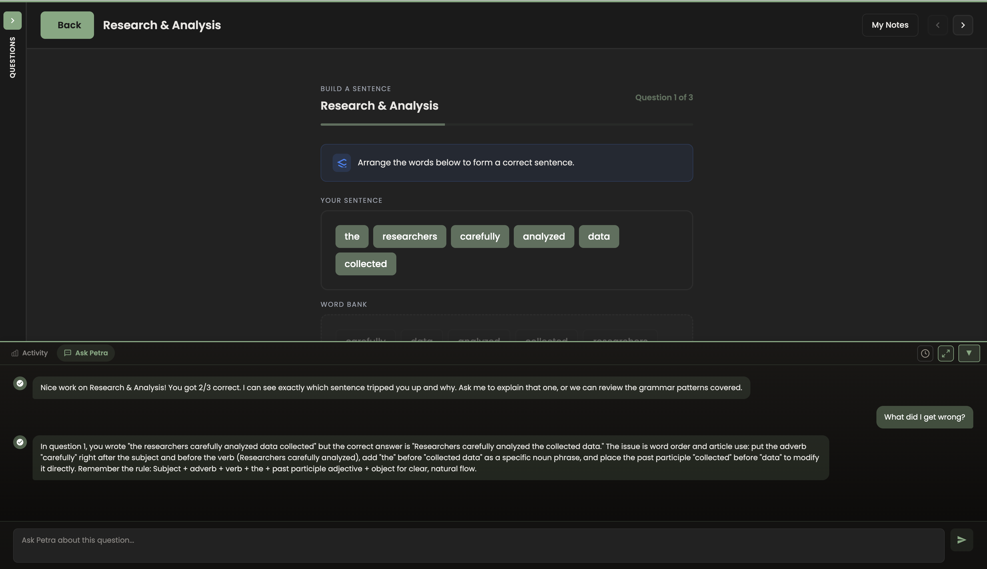 Petra AI TOEFL Tutor chat interface providing personalized study guidance and feedback