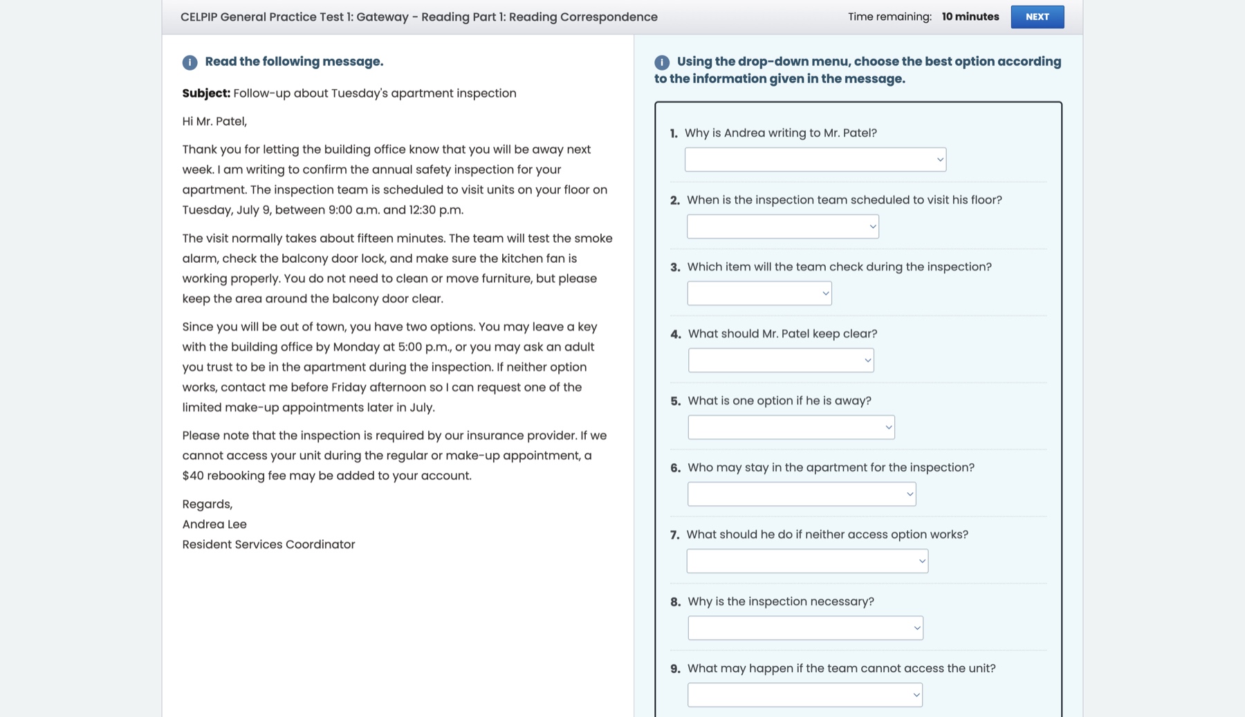 PrepEx CELPIP General Practice Test 1 Reading screen with countdown timer, passage, and dropdown questions