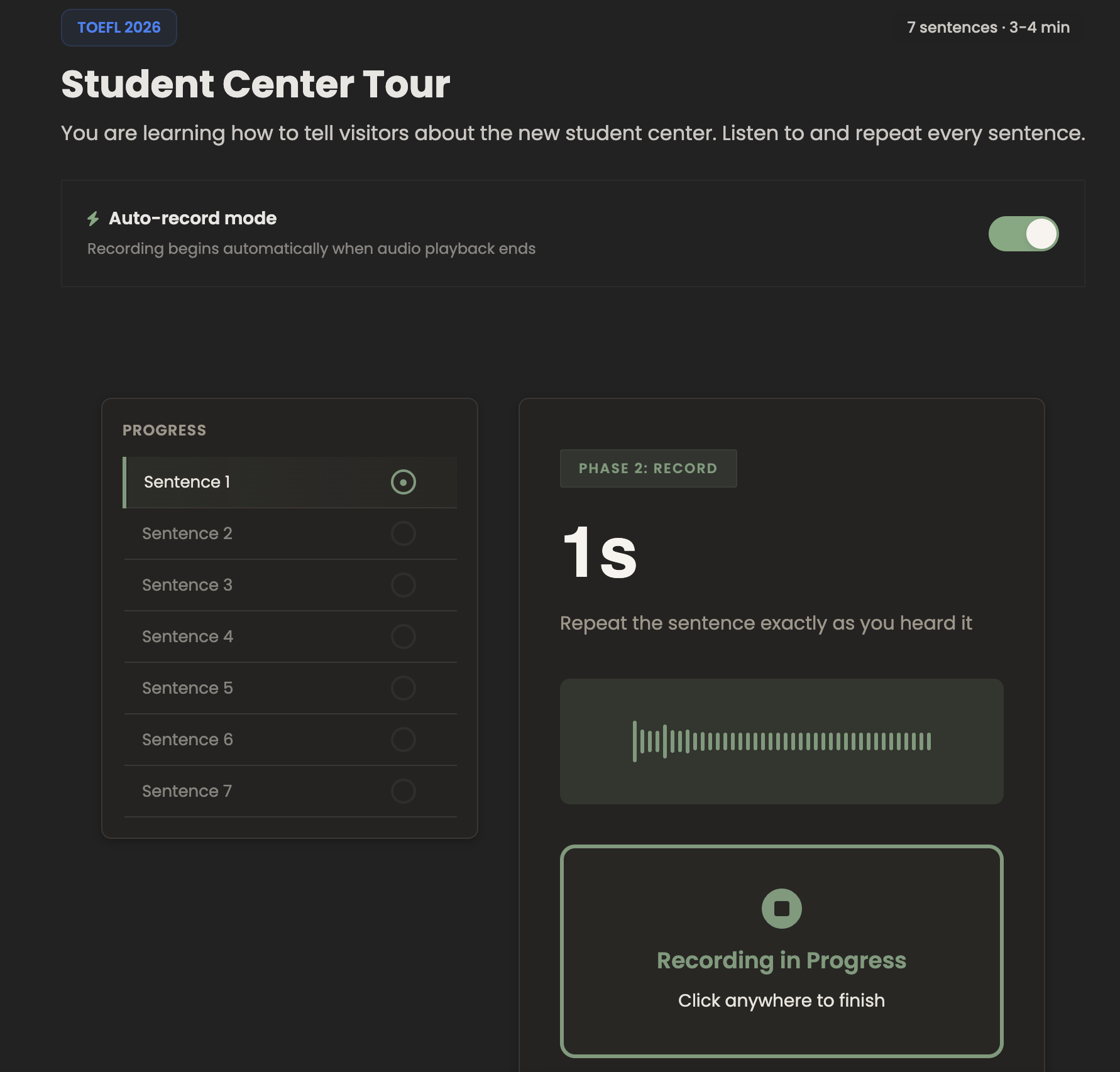 PrepEx TOEFL Speaking Practice Interface with pronunciation scoring and fluency analysis