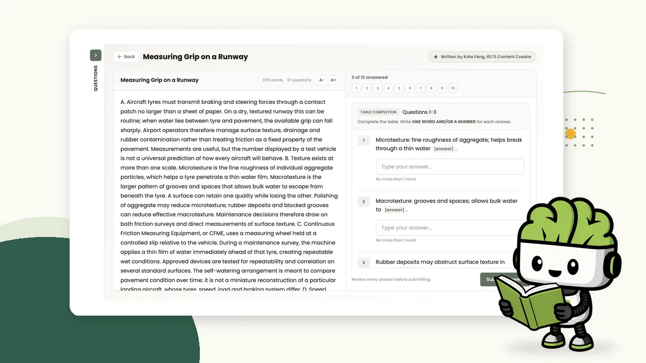 PrepEx IELTS Reading workspace marketing view with Petra beside the passage and questions