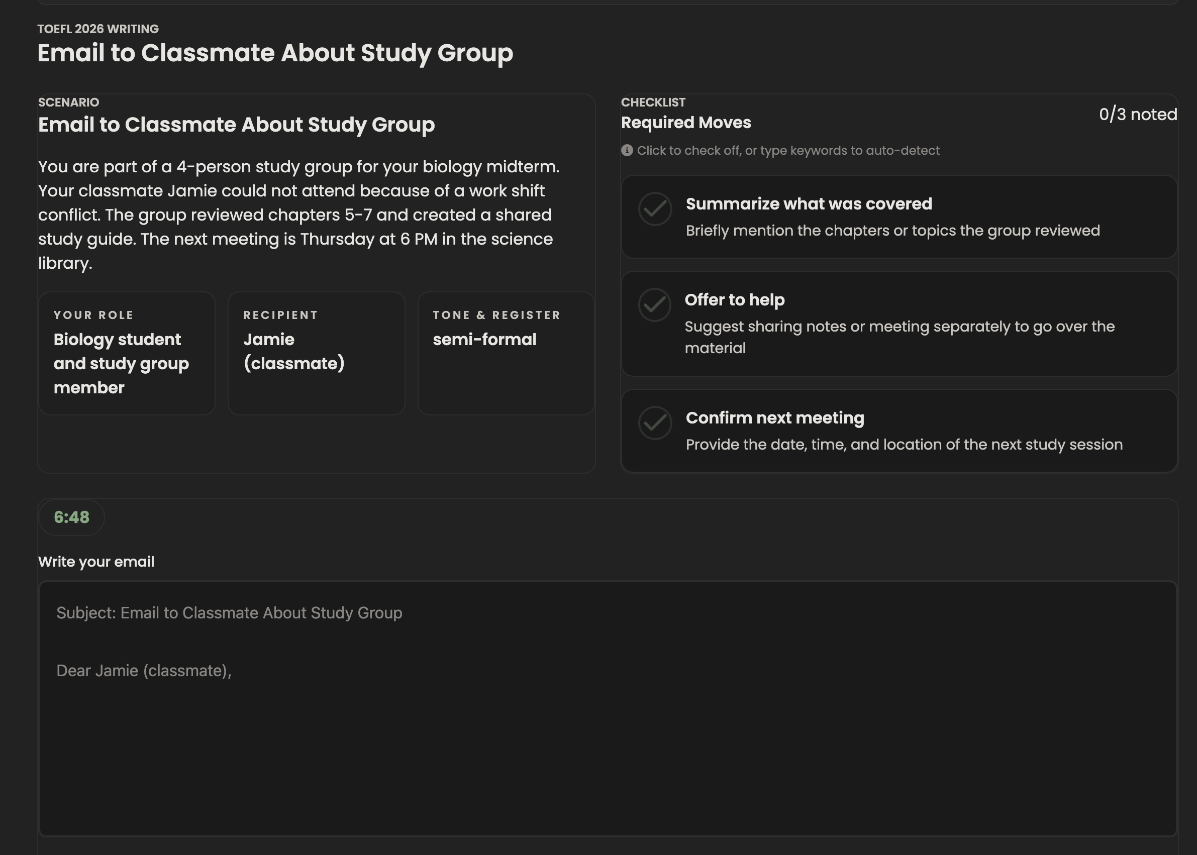 PrepEx TOEFL Writing Practice Interface showing AI-powered essay feedback and grammar analysis